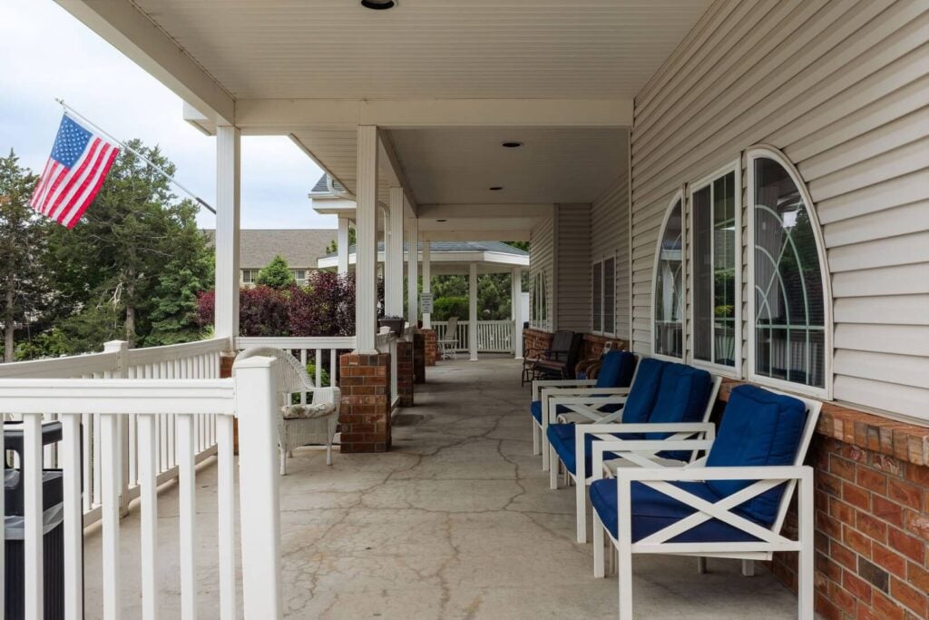 Covered Front Porch with Seating at an Assisted Living Community